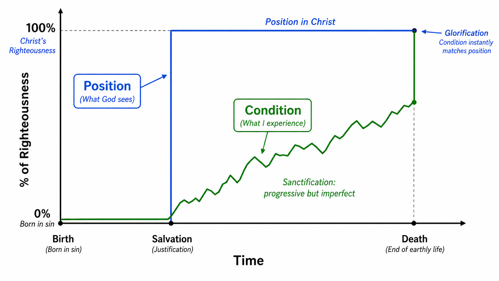 Graph showing position in Christ at 100 percent righteousness and condition growing progressively but imperfectly over time.